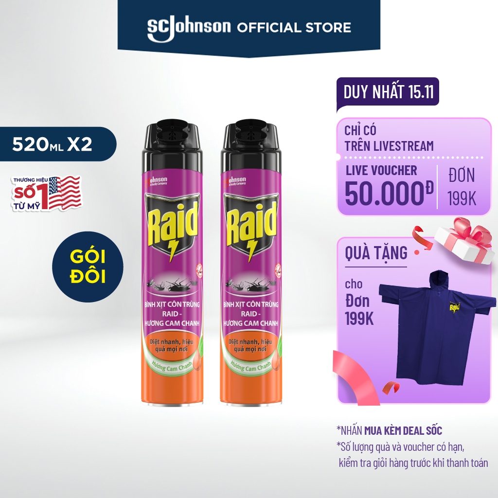 RAID - BỘ 2 CHAI XỊT CÔN TRÙNG HƯƠNG CAM CHANH 520ML x 2