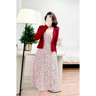 (Ảnh thật) Set đầm midi 2S hoa đỏ, kèm áo khoác