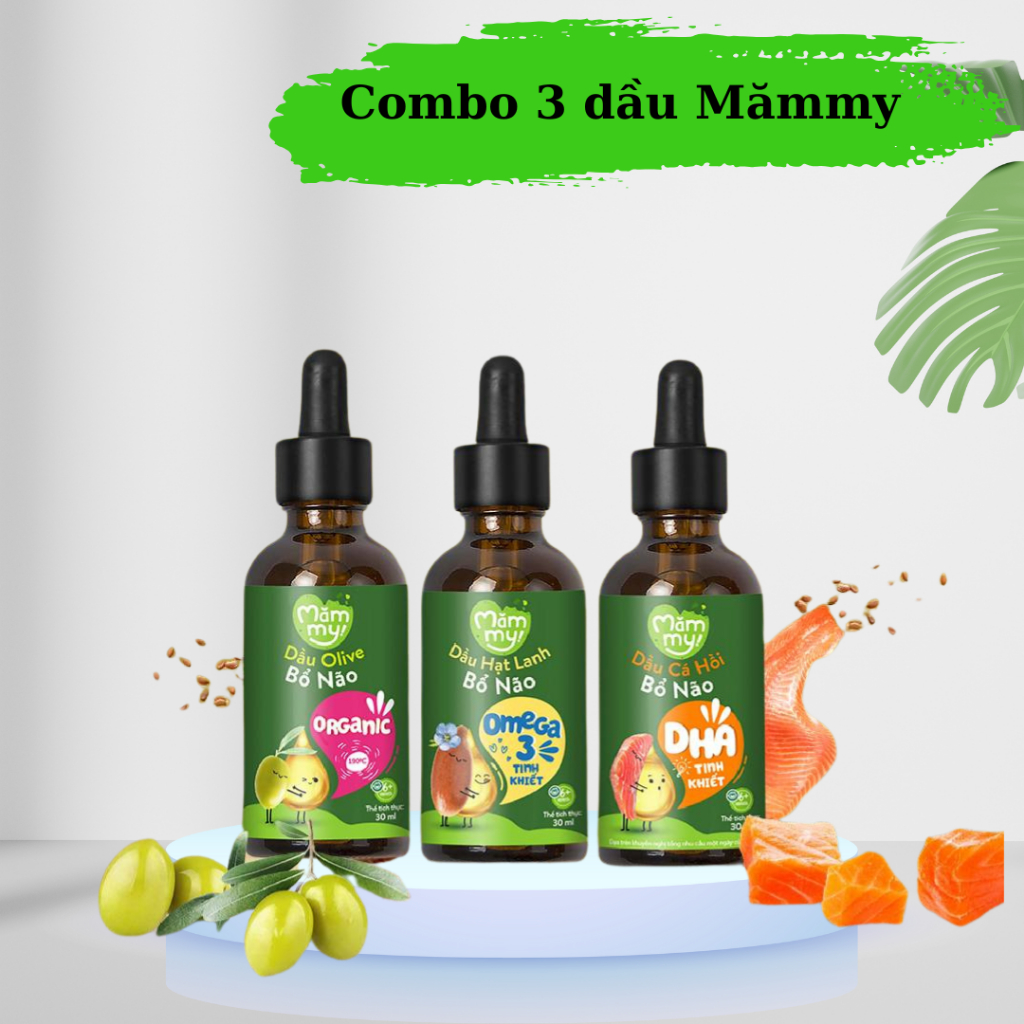 Combo 3 dầu ăn dặm bổ não Mămmy, dầu Olive bổ não, dầu cá hồi bổ não, dầu hạt lanh bổ não