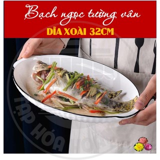 DĨA XOÀI ( CÓ TAI)  GỐM SỨ MẪU BẠCH NGỌC TƯỜNG VÂN – 32CM