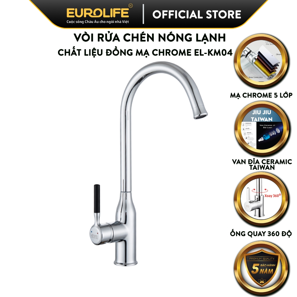 Vòi rửa chén nóng lạnh Đồng mạ Chrome Eurolife EL-KM04 (Trắng bạc)