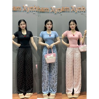 Bộ đồ thun phối bèo mix quả len chery đỏ + quần in 3d hoa cho nữ - Top-GS710