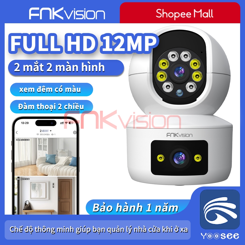 【Fnkvision】Camera Yoosee 2 MẮT XEM 2 MÀN HÌNH cùng lúc 12MPX xoay 360 độ,xem đêm có màu, hỗ trợ đàm 