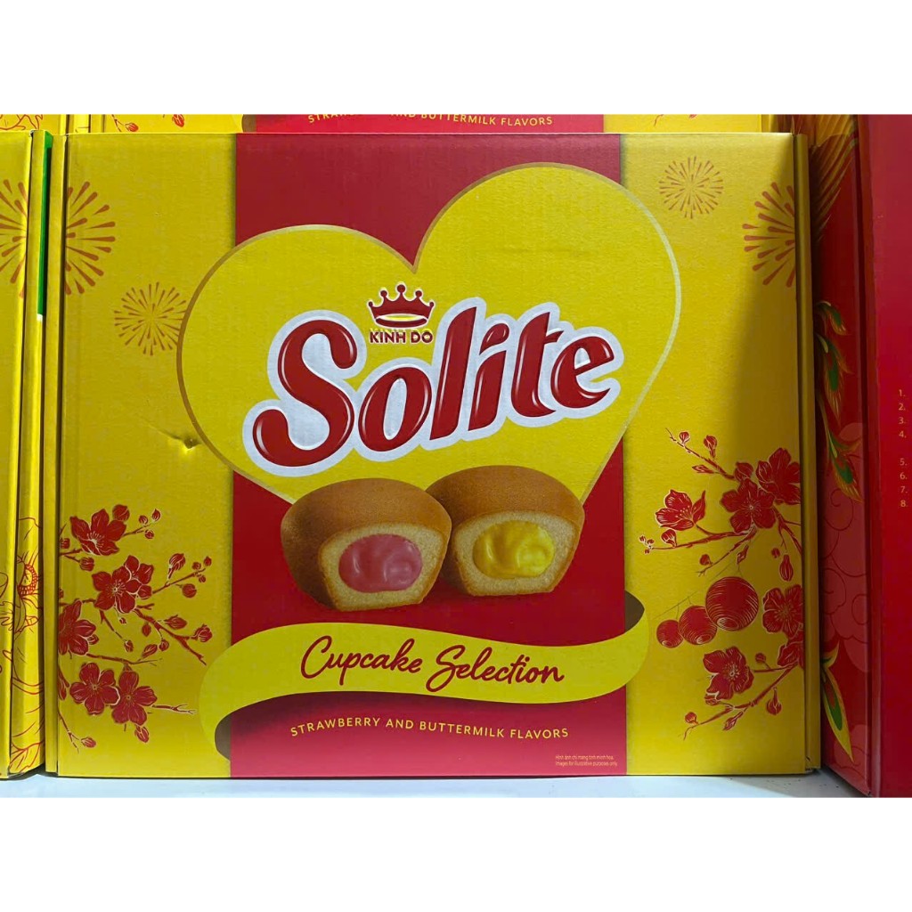 Hộp Tết Solite - Bánh Bông Lan Tròn Kem Vị Bơ Sữa Và Vị Dâu, Hộp Giấy 288G