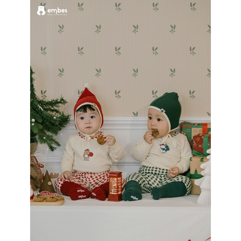 NOEL - Bộ thu đông dài tay NOEL EMBES. Bộ quần áo dài tay phối quần kẻ cho bé mặc Noel.