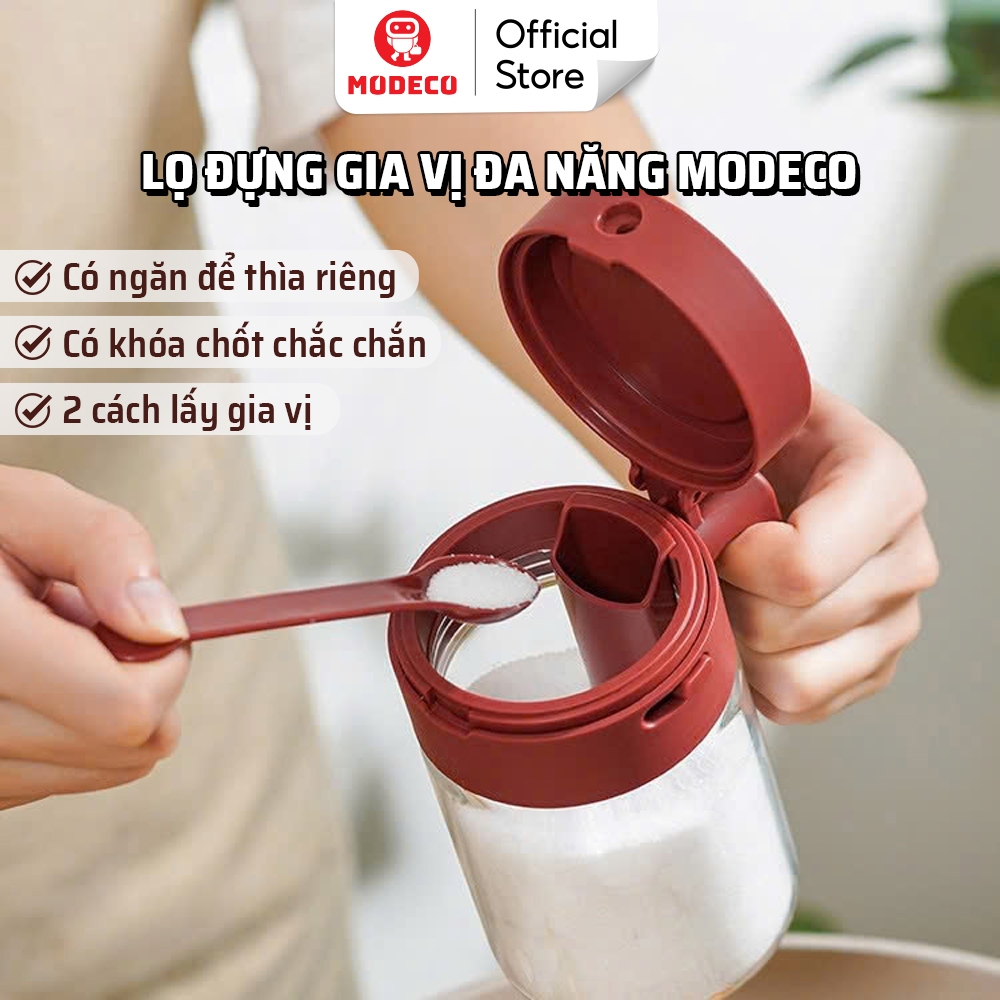 Lọ Đựng Gia Vị Thuỷ Tinh Boro Chống Vỡ Cao Cấp Modeco - Hộp Đựng Gia Vị Có Thìa Để Ngăn Riêng Chống Ẩm, Nắp Kín Có Khóa