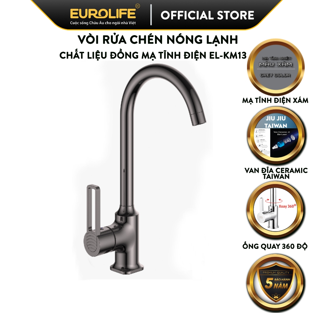 Vòi rửa chén nóng lạnh màu xám mới lạ Eurolife EL-KM13 (Xám bạc)