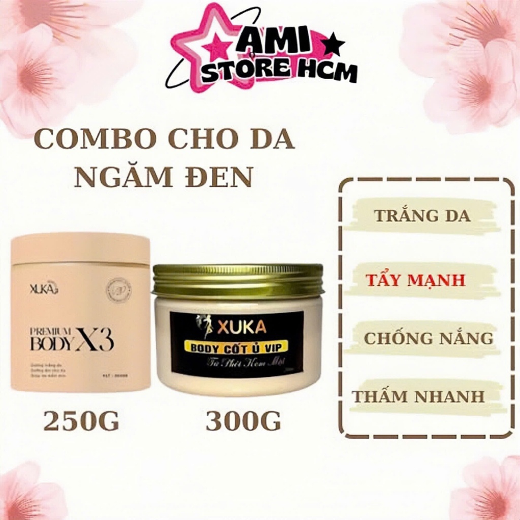 Bộ Kem Body XUKA X3 Hồng 250g Và Kem Cốt Ủ XUKA Vip 300gr Trắng Da Body Cho Nữ