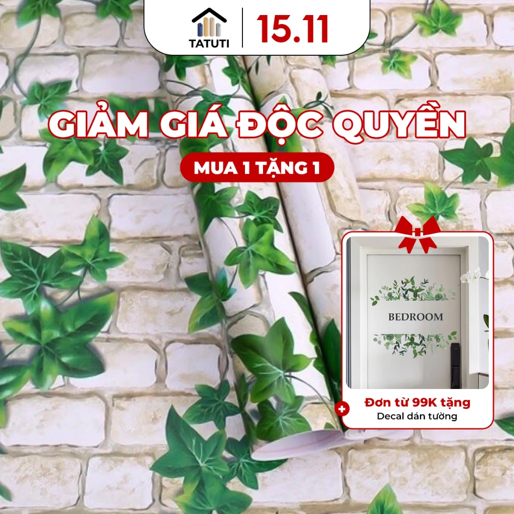Giấy dán tường, phòng Gạch Trắng Lá Leo 3D, có keo sẵn, decal chống thấm nước 10mx45cm
