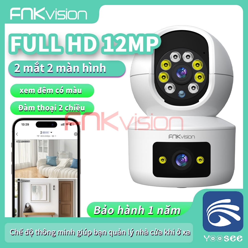 Camera Yoosee 2 MẮT XEM 2 MÀN HÌNH cùng lúc Fnkvision 12MPX xoay 360 độ,xem đêm có màu, hỗ trợ đàm t