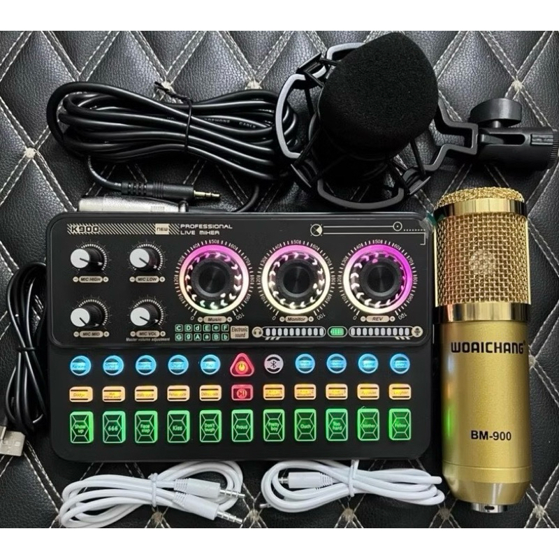 Mic thu âm BM900 và sound card K900 có auto-tune, tích hợp pin, có bluetooth đầy đủ các dây để lives