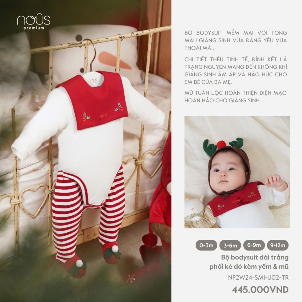 Bộ bodysuit dài trắng phối kẻ đỏ kèm yếm & mũ Nous baby, bộ liền dài có tất ấm áp noel 2024 BST T11