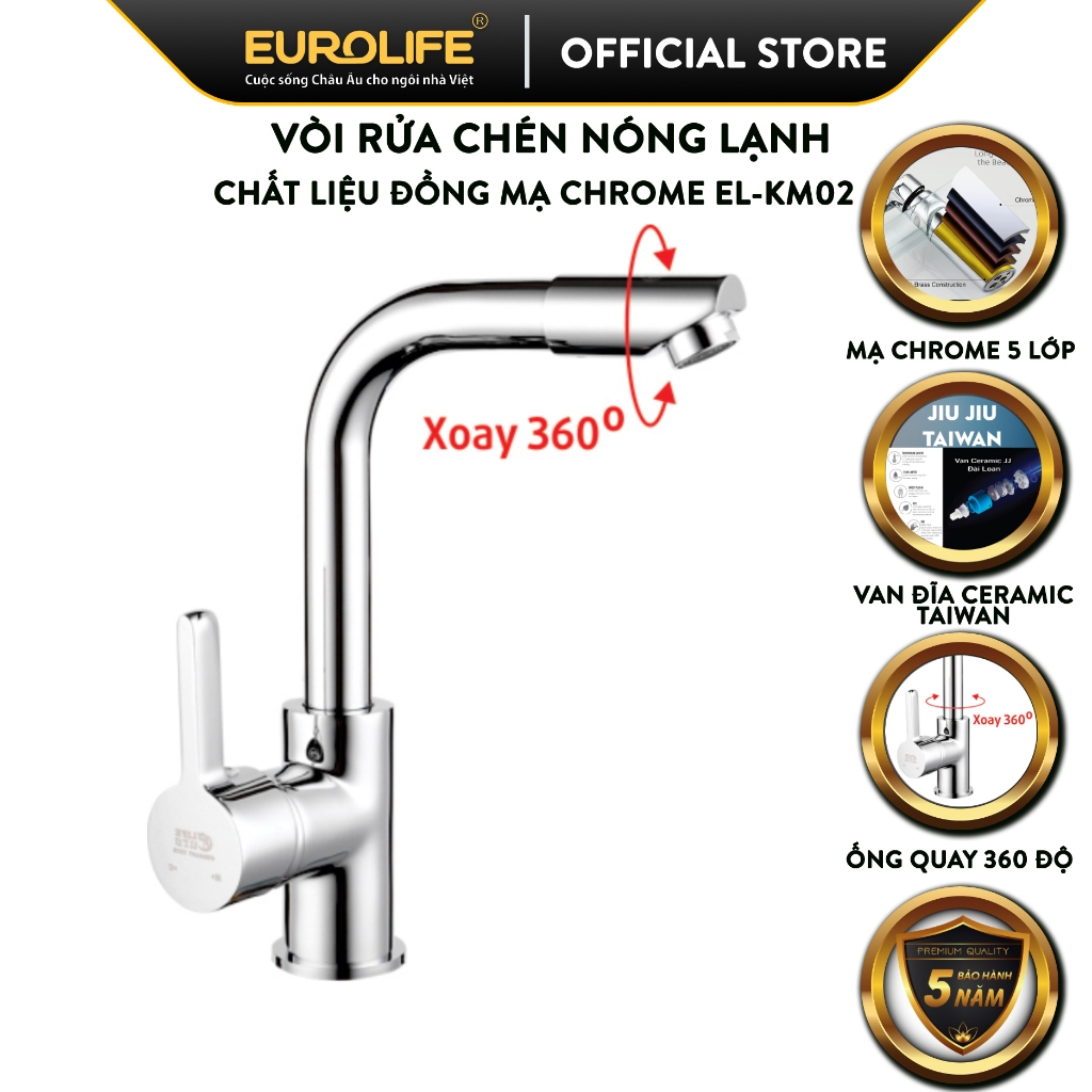 Vòi rửa chén nóng lạnh Eurolife EL-KM02 (Trắng bạc)