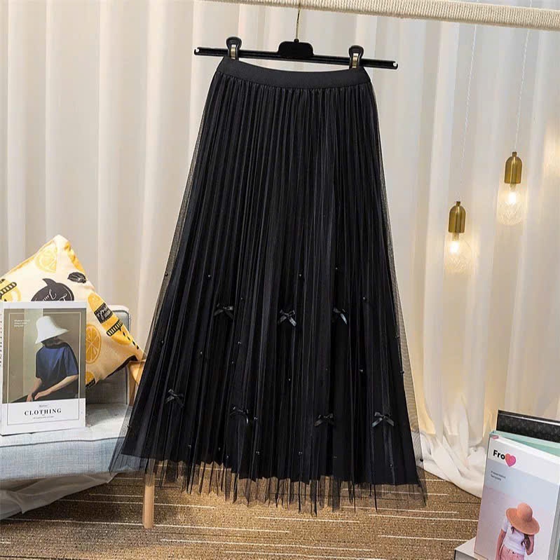 Chân váy dài xếp ly voan đính nơ ngọc