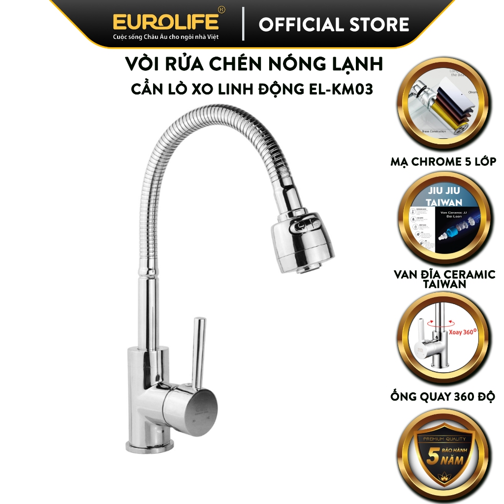 Vòi rửa chén nóng lạnh cần lò xo Đồng mạ Chrome Eurolife EL-KM03 (Trắng bạc)