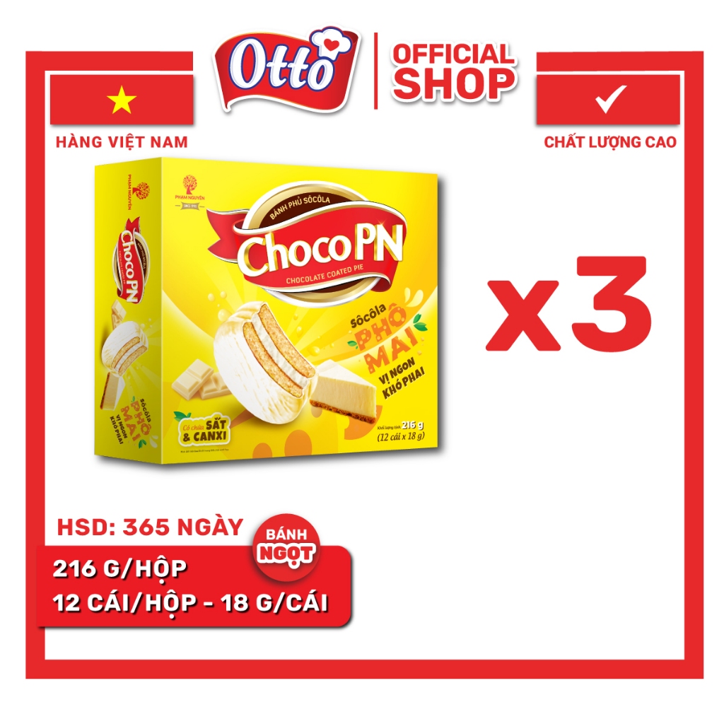 Combo 3 Hộp Bánh phủ Socola Choco PN Phô Mai 216g | Bánh ăn vặt Socola | Đồ ăn vặt | Snack Thức Ăn