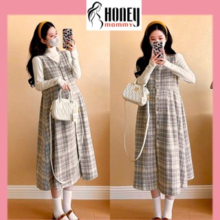 Set Váy Yếm Bầu Kèm Áo Dài Tay Thu Đông Vải Dạ Cao Cấp Dáng Dài Đính Cúc Dáng Xuông Sang Chảnh HD4711 Honney Mommy