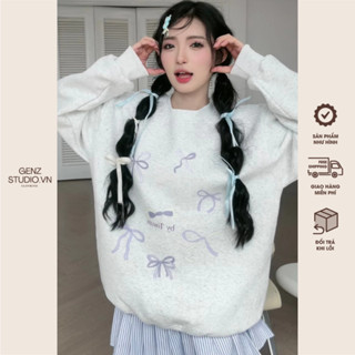 Áo sweater cổ tròn BST nỉ bông xám trắng form rộng nhiều hình phong cách Coquette GENZ ST