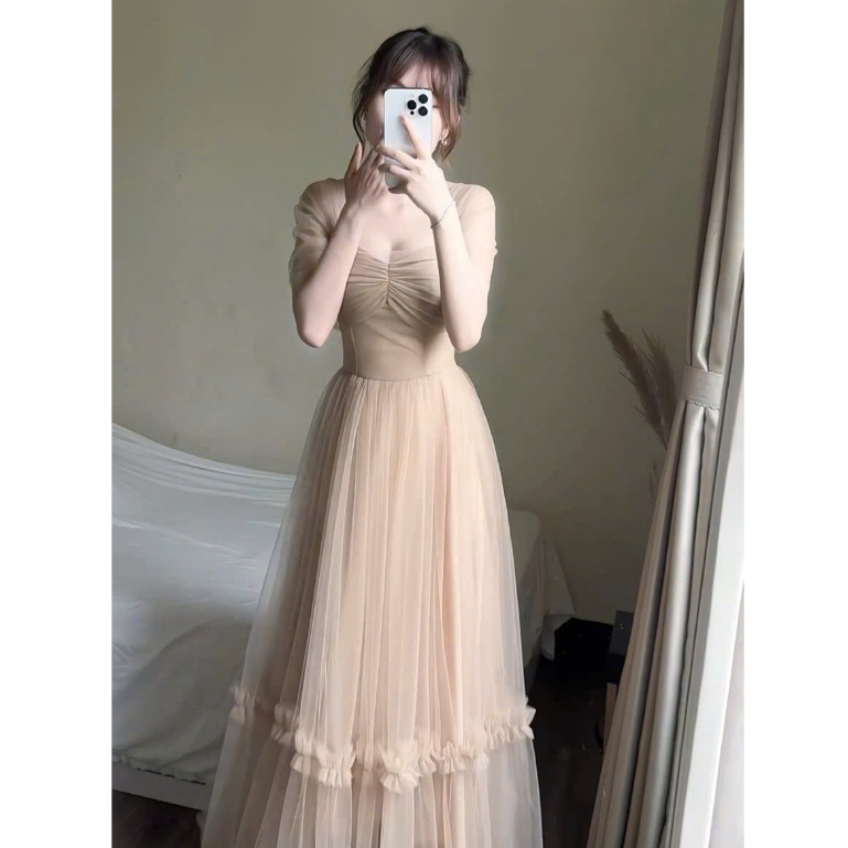 Váy Nữ Dress Công Chúa Thiết Kế Trễ Vai Dự Tiệc Phối Tơ Lưới Maxi Bồng Bềnh Nàng Thơ Sang Chảnh | BigBuy360 - bigbuy360.vn