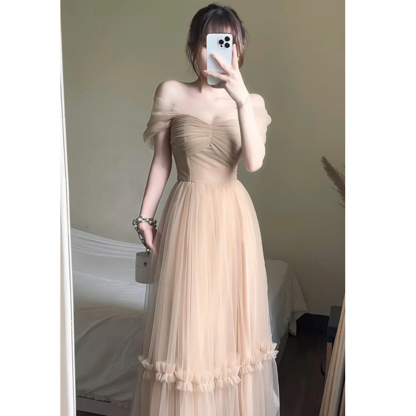 Váy Nữ Dress Công Chúa Thiết Kế Trễ Vai Dự Tiệc Phối Tơ Lưới Maxi Bồng Bềnh Nàng Thơ Sang Chảnh | BigBuy360 - bigbuy360.vn