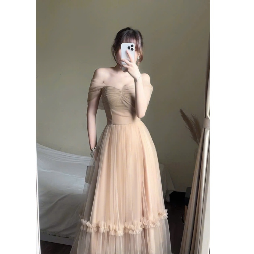 Váy Nữ Dress Công Chúa Thiết Kế Trễ Vai Dự Tiệc Phối Tơ Lưới Maxi Bồng Bềnh Nàng Thơ Sang Chảnh | BigBuy360 - bigbuy360.vn