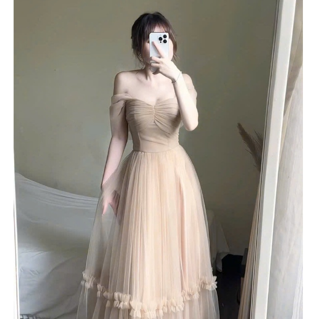 Váy Nữ Dress Công Chúa Thiết Kế Trễ Vai Dự Tiệc Phối Tơ Lưới Maxi Bồng Bềnh Nàng Thơ Sang Chảnh | BigBuy360 - bigbuy360.vn
