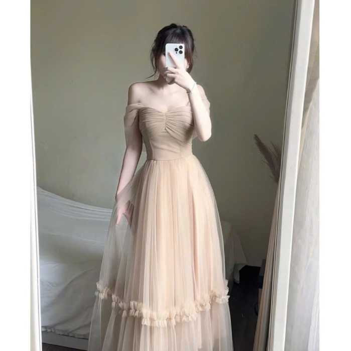 Váy Nữ Dress Công Chúa Thiết Kế Trễ Vai Dự Tiệc Phối Tơ Lưới Maxi Bồng Bềnh Nàng Thơ Sang Chảnh | BigBuy360 - bigbuy360.vn