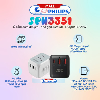 [HỎA TỐC] Ổ cắm điện du lịch Philips SPN3351 - Hàng chính hãng - Bảo hành 12 tháng