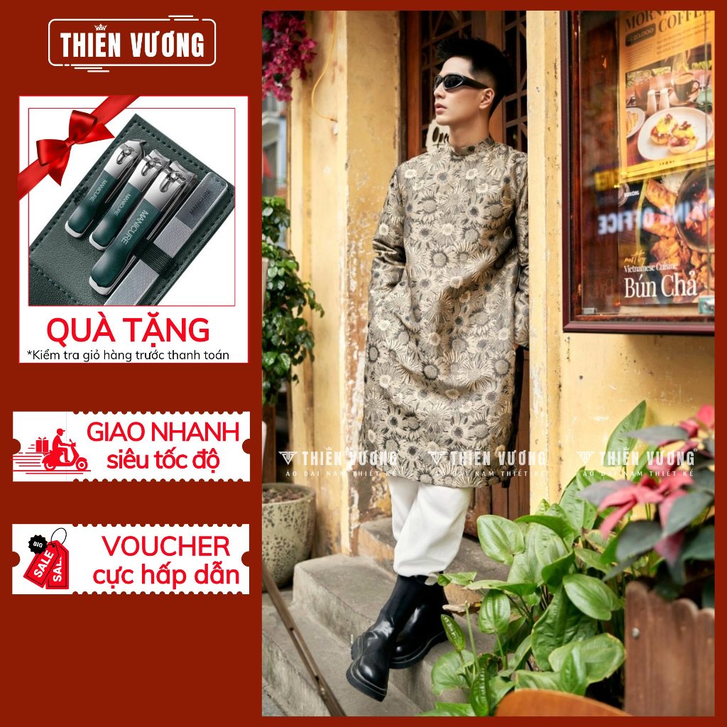 Áo dài nam họa tiết hoa cúc lạ mắt màu ghi, chất vải gấm chuẩn phom dáng - Áo Dài Thiên Vương