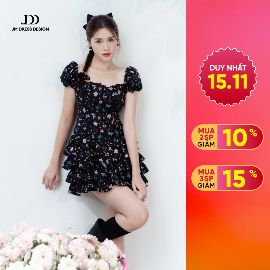 Đầm phối corest chân bèo nhiều tầng 1R15.2405RC, váy đầm tay bồng chân váy xòe bồng tầng kiểu dáng đáng yêu thiết kế JM