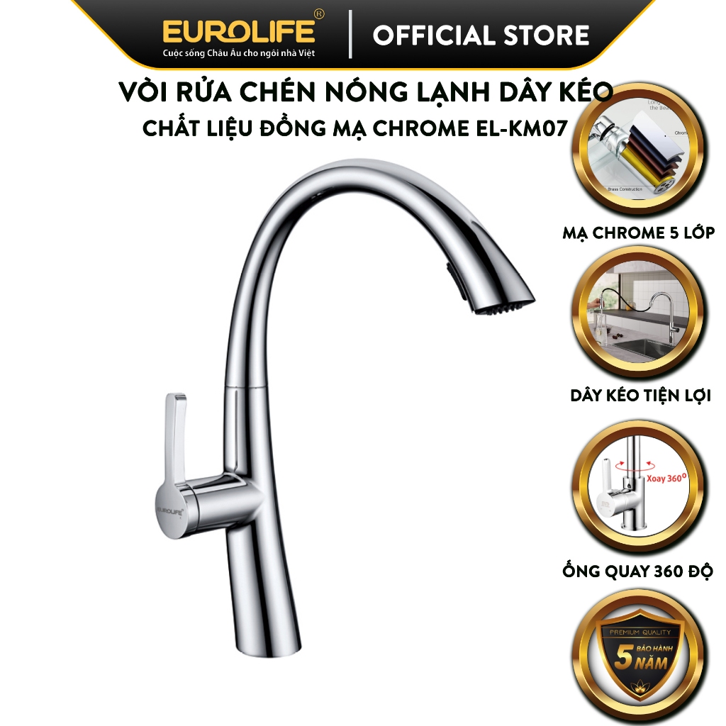 Vòi rửa chén nóng lạnh, dây kéo 2 chế độ Eurolife EL-KM07 (Trắngbạc)