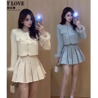  Set dạ cao cấp cổ viền ngọc tay phối lông kèm chân váy ly xịn xò dày dặn chuẩn form thiết kế tiểu thư sang chảnh CHOMS99 