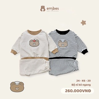 Bộ Nỉ Dài Tay Cho Bé Embes, Bộ Nỉ Kẻ Ngang Chất Dày Dặn Cho Bé Mặc Thu Đông Size 8kg -18kg