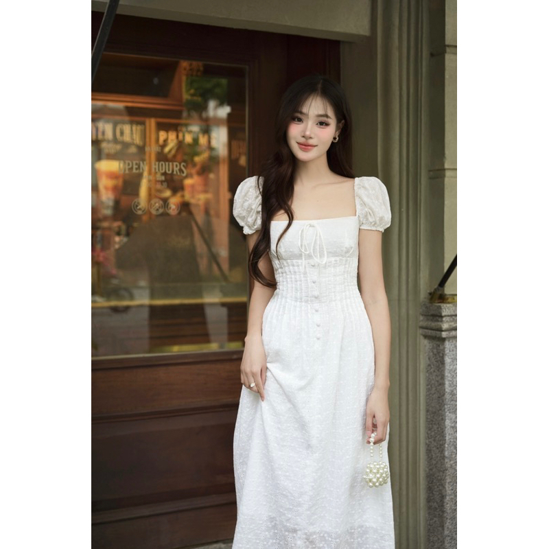 Đầm Váy dài maxi nhẹ nhàng xếp li tay phồng cổ U Vanessa Dress - COQUI, đầm tiểu thư vải thô thêu hoa tùng xòe nhẹ nhàng | BigBuy360 - bigbuy360.vn