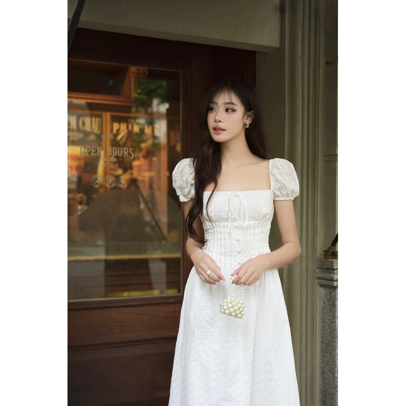Đầm Váy dài maxi nhẹ nhàng xếp li tay phồng cổ U Vanessa Dress - COQUI, đầm tiểu thư vải thô thêu hoa tùng xòe nhẹ nhàng | BigBuy360 - bigbuy360.vn