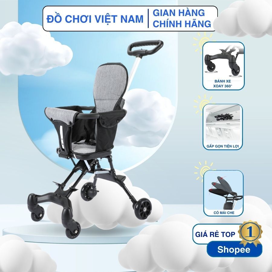 Xe đẩy 2 chiều gấp gọn cho bé nằm, ngồi tặng kèm đệm