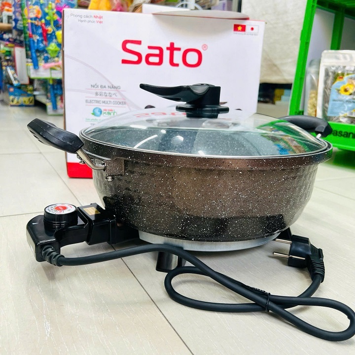 Chảo điện 5 lit đa năng chính hãng Sato kèm vỉ hấp có rơ le tự ngắt nấu lẩu,chiên,xào,hấp