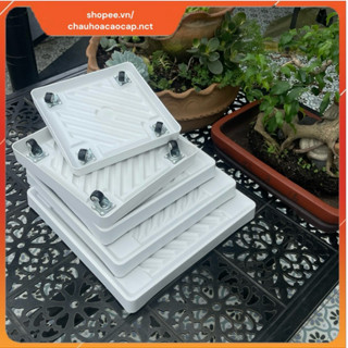 Khay kê chậu có bánh xe, đĩa kê hứng nước vuông nhập khẩu, đĩa lót chậu lớn hình vuông sọc có bánh xe