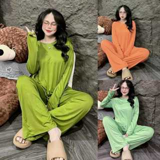  Bộ ủ kem thun lạnh cực kì mát quần ống rộng suông có túi kèm áo tay dài xỏ ngón đồ ủ kem đồ bộ nữ 