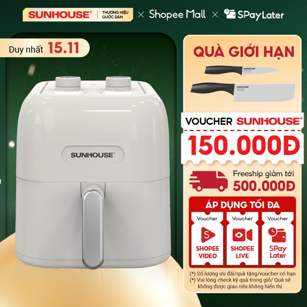 Nồi chiên không dầu 5.5L Sunhouse SHD4022 - Khoang chiên lớn cho 3-6 người - Công nghệ Rapìd Air hiện đại
