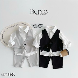 Bộ gile vest phối sơ mi bé trai, set gile phối dây đai cá tính phối áo sơ mi trắng dài tay bé trai