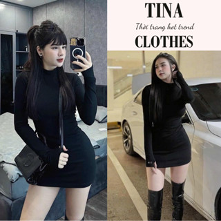  Váy nữ ôm body xỏ ngón dài tay ôm sát nữ màu đen quyến rũ Tina đầm nữ thiết kế gợi cảm chất thun co giãn tốt hcom3455 