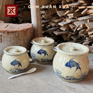 Âu Đựng Mỡ Kèm Thìa Sứ Cá men tiêu , Hũ đựng Gia Vị Kèm Thìa Sứ Phong Cách Cổ Điển Gốm Xuân Xưa.