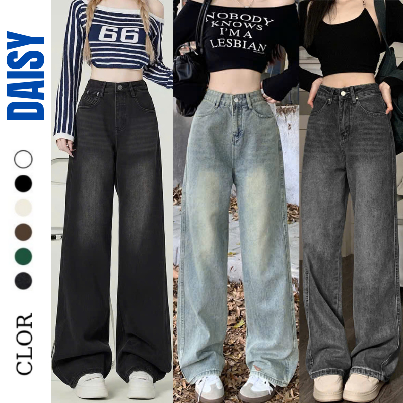 Quần jean nữ ống suông rộng cạp cao màu Rêu Wash Smoke dáng dài chất jean bò mềm phong cách Retro Hàn Quốc Ulzzang 2023