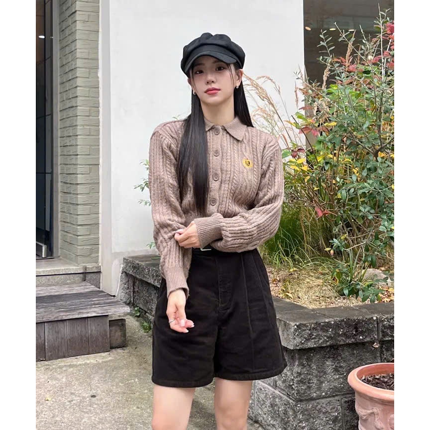 [AUTHENTIC 100%] Spao Korea áo cardigan len nữ phối cổ đức thêu logo chính hãng chất đẹp