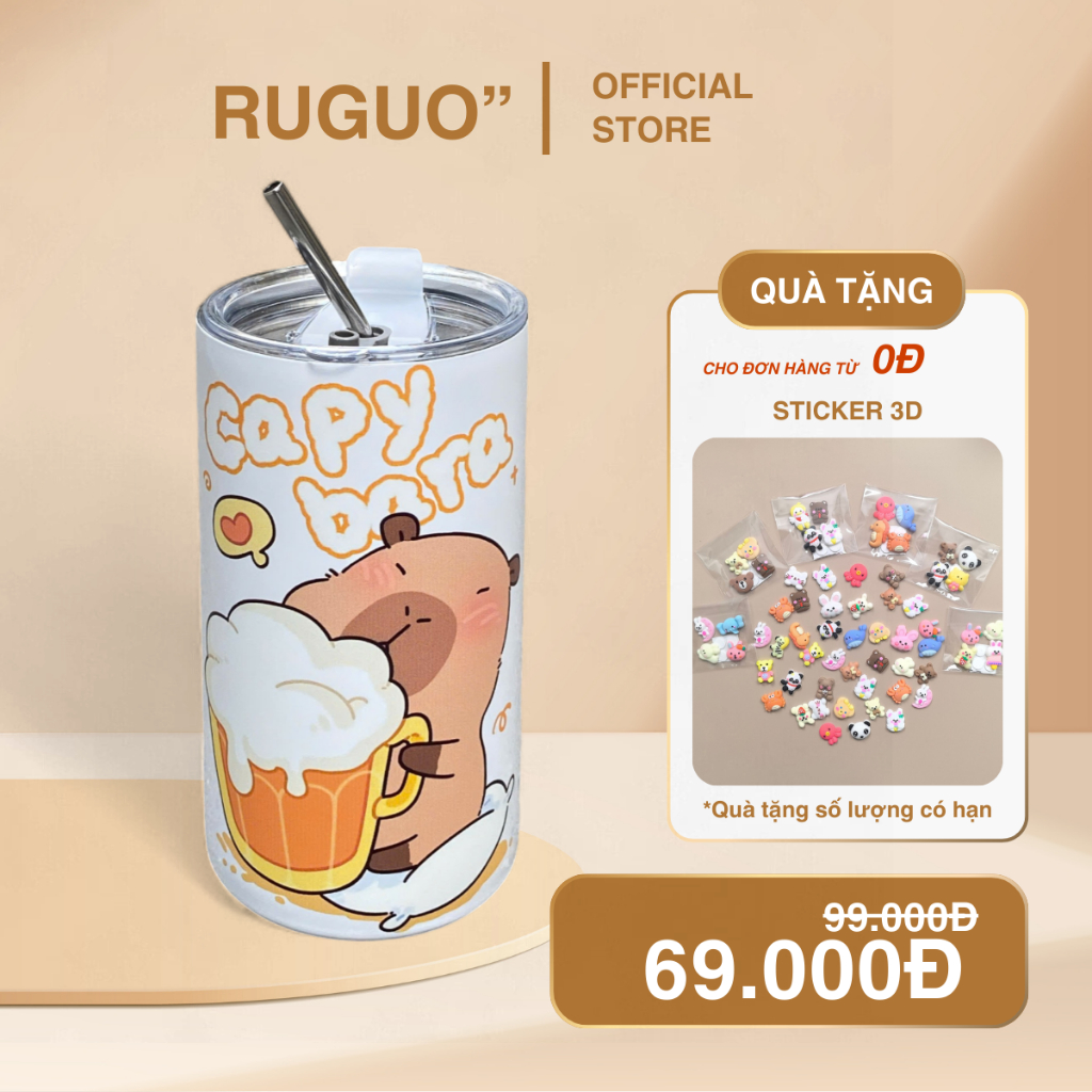 Ly Giữ Nhiệt Capybara NHẬU Iced Americano 600ml Inox 304 RUGUO