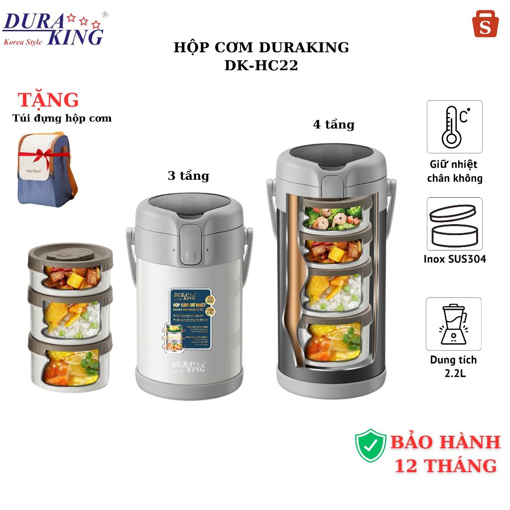 Hộp cơm giữ nhiệt thương hiệu DURAKING, MODEL DK-HC22/DK-HC27, dung tích 2.2L/2.7L