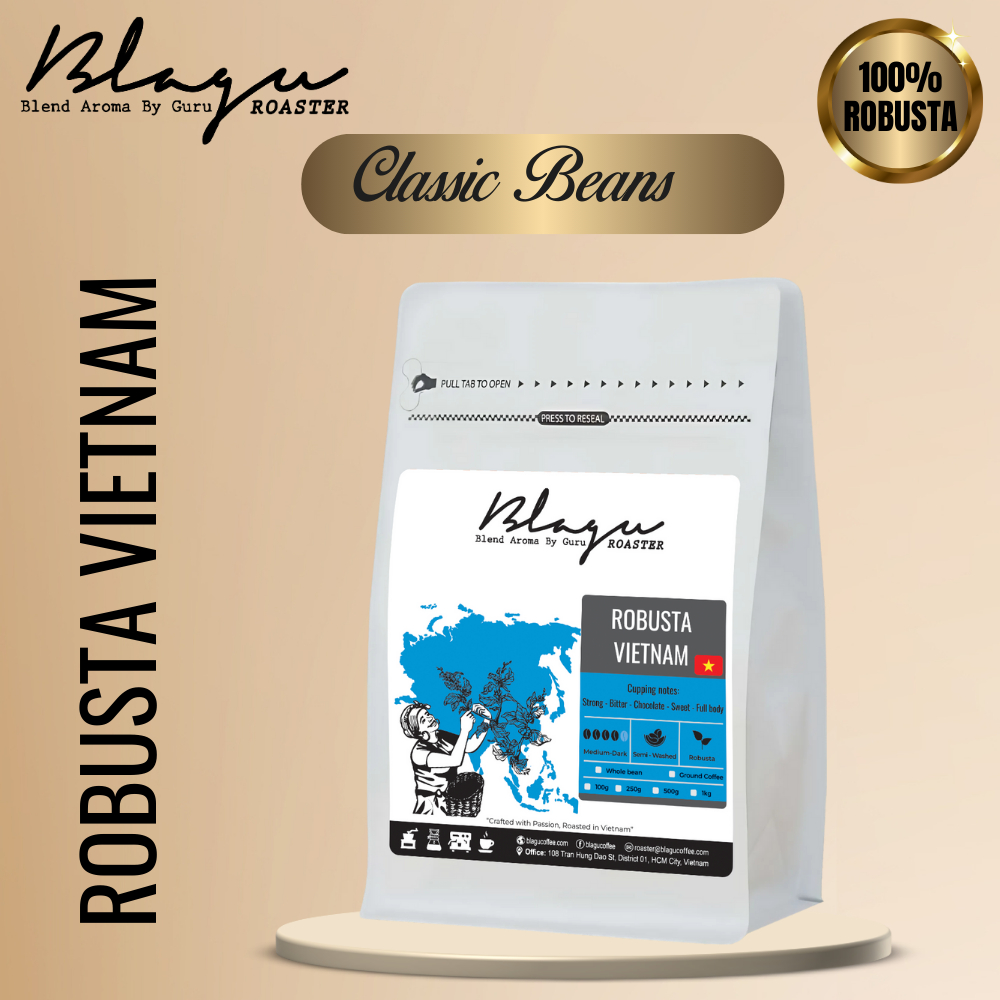 Cà Phê Blagu Hạt Đã Rang, Robusta Winey Honey, Medium Dark, Túi 250gr