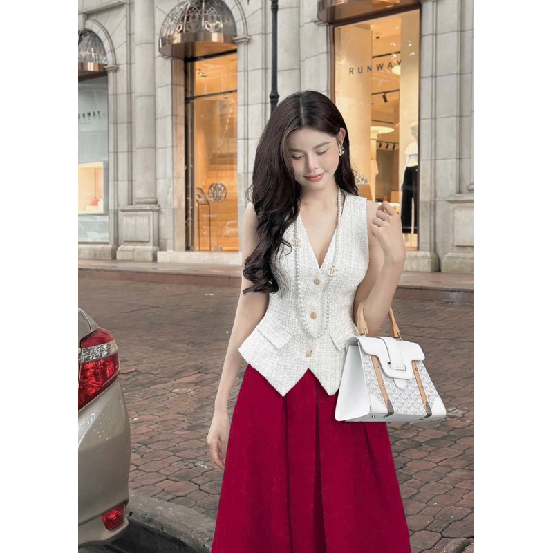 SET DẠ TRẮNG CỔ YẾM TÚI NẮP + CHÂN VÁY MIDI ĐỎ XOÈ