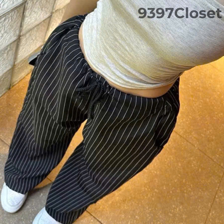 Quần suông kẻ sọc 9397Closet, ống suông hack dáng, dây điều chỉnh thoải mái,phong cách năng động | BigBuy360 - bigbuy360.vn